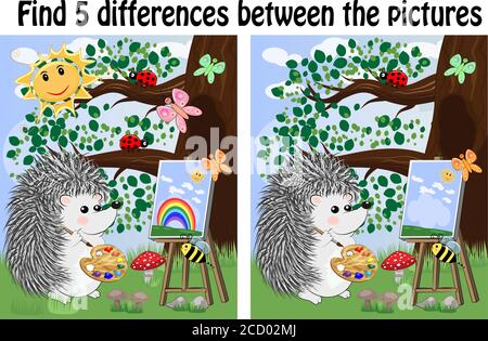 Trovare le differenze tra le immagini. Bambini gioco educativo. Artista Hedgehog pitture nei boschi sul cavalletto Illustrazione Vettoriale