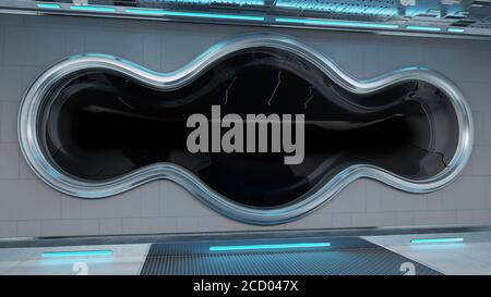 Interni con finestra rotonda e navicella spaziale White TECH con sfondo nero 3D rendering Foto Stock