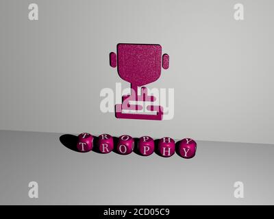 Rappresentazione in 3D DEL TROFEO con icona sulla parete e testo disposto da lettere cubiche metalliche su un pavimento a specchio per il significato concettuale e presentazione slideshow, illustrazione in 3D Foto Stock