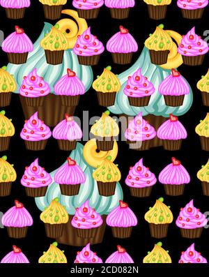 Sfondo di compleanno. Motivo senza cuciture con cupcake e muffin. Simpatici personaggi dei cartoni animati, emoji. Cupcake Kawaii. Illustrazione Vettoriale