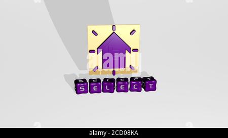 Rappresentazione in 3D di SELECT con icona sulla parete e testo disposto da lettere cubiche metalliche su un pavimento a specchio per significato concettuale e presentazione slideshow, illustrazione in 3D Foto Stock