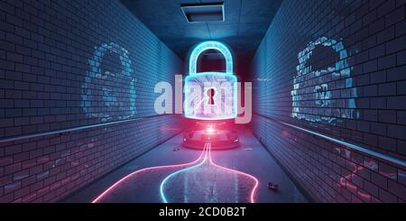 Ologramma di cyber sicurezza sotterraneo blu e rosa con lucchetto digitale Rendering 3D Foto Stock