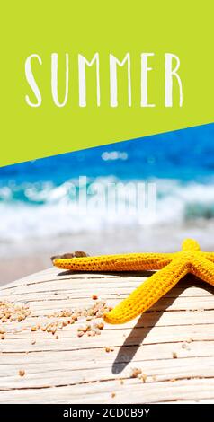 testo estate e una stella gialla su un tronco di albero intemperie sulla sabbia di una spiaggia solitaria, in un formato verticale da utilizzare per le storie mobili o come smartp Foto Stock