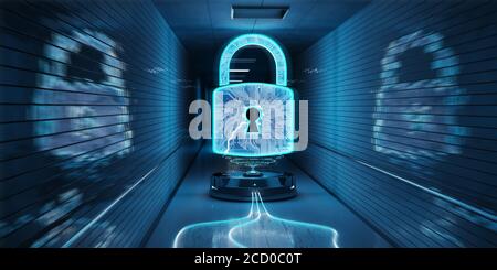 Ologramma di cyber sicurezza sotterraneo blu con rendering 3D con lucchetto digitale Foto Stock