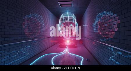 Ologramma di cyborg blu e rosa guardando un interno della metropolitana 3D rendering Foto Stock