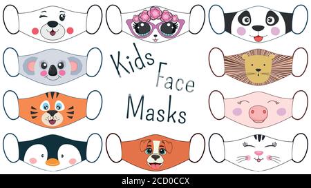 Set di maschere facciali per bambini con volti animali. Illustrazione Vettoriale
