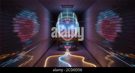 Ologramma di cyborg blu arancione e rosa guardando un interno della metropolitana Rendering 3D Foto Stock
