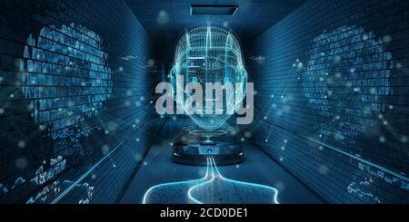 Ologramma di cyborg blu guardando un rendering 3D interno della metropolitana Foto Stock