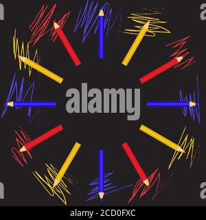 Sfondo astratto con matite colorate e doodle in stile piatto. Vettore EPS10. Illustrazione Vettoriale