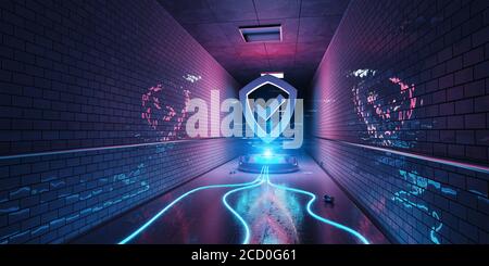 Ologramma di cyber sicurezza sotterraneo blu e rosa con scudo digitale Rendering 3D Foto Stock