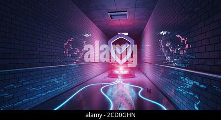 Ologramma di cyber sicurezza sotterraneo blu e rosa con scudo digitale Rendering 3D Foto Stock