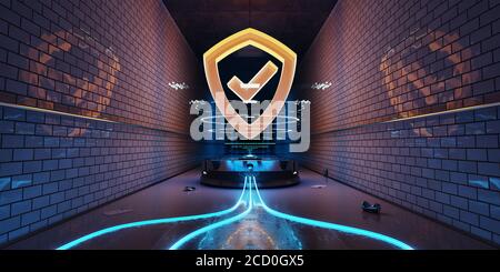 Ologramma di cyber sicurezza sotterraneo blu e arancione con scudo digitale Rendering 3D Foto Stock