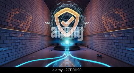 Ologramma di cyber sicurezza sotterraneo blu e arancione con scudo digitale Rendering 3D Foto Stock