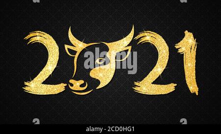 Felice cinese nuovo anno 2021. Golden scintillante segno zodiacale bull con numero in stile grunge su sfondo nero con motivo. Illustrazione vettoriale. E Illustrazione Vettoriale