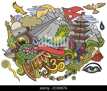 Nepal disegno a mano cartoni animati doodles illustrazione. Design divertente da viaggio Illustrazione Vettoriale