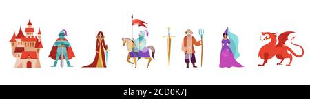 Personaggi medievali e fiabe, cavalieri, contadini, principessa e cavalli. Illustrazioni vettoriali Illustrazione Vettoriale