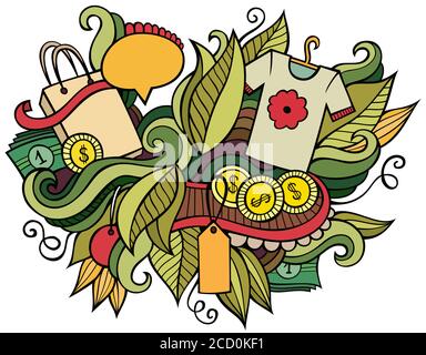 Vendita mano disegnata cartoon doodles illustrazione. Divertente shopping design Illustrazione Vettoriale
