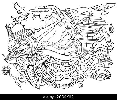 Nepal disegno a mano cartoni animati doodles illustrazione. Design divertente da viaggio Illustrazione Vettoriale