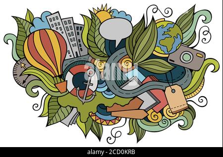 Illustrazione dei fumetti disegnati a mano. Design divertente da viaggio Illustrazione Vettoriale