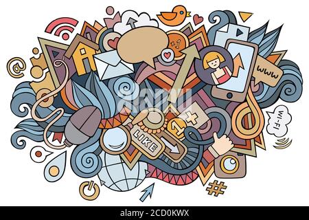 Illustrazione dei doodles dei cartoni animati disegnati a mano sociale. Design divertente dei supporti Illustrazione Vettoriale