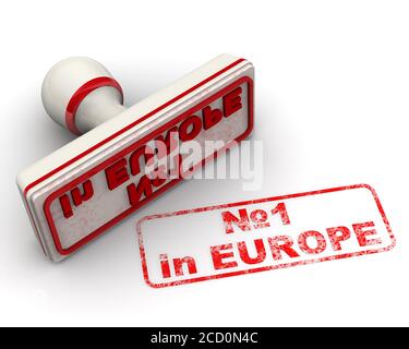Numero uno IN EUROPA. Il timbro e un'impronta. La guarnizione bianca e la scritta rossa №1 in EUROPA su una superficie bianca. Illustrazione 3D Foto Stock