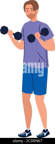 uomo che fa esercizi con manubri, sport ricreazione esercizio Illustrazione Vettoriale
