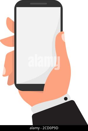 Mano di uomo d'affari smartphone tenuta con schermo vuoto, sfondo bianco, illustrazione Illustrazione Vettoriale