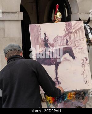 Londra 25 agosto 2020 Rob PointOn a Plein Air Artist dipinge i soldati montati alla Horse Guards Parade. Spera che le foto vengano appese al Museo delle Guardie a Cavallo. Credit: Ian Davidson/Alamy Live News Foto Stock