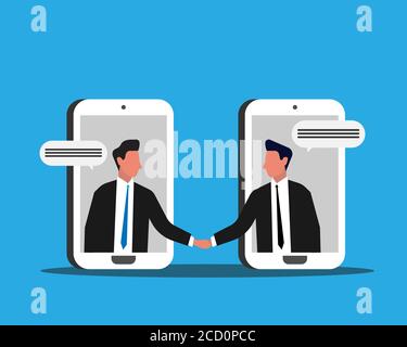 Due uomini d'affari che scuotono le mani attraverso gli schermi dei telefoni, sfondo blu, illustrazione Illustrazione Vettoriale