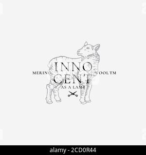 Simbolo vettoriale, simbolo o modello logo della lana merino Abstract. Sillhouette di agnello disegnata a mano con tipografia retro. Emblema Vector Vintage Luxury. Illustrazione Vettoriale
