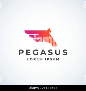 Simbolo, simbolo o modello con logo dell'ala del cavallo Pegasus. Emblema di silhouette astratta con tipografia moderna. Illustrazione Vettoriale