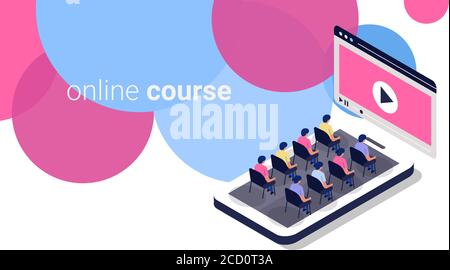 Illustrazione del corso online con persone che si trovano vicino allo schermo, sfondo bianco Illustrazione Vettoriale