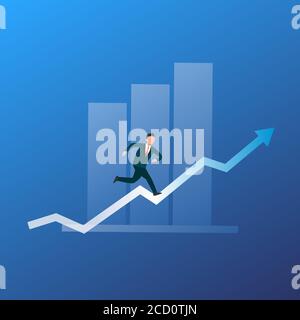 Uomo d'affari che corre la freccia che simboleggia lo sviluppo personale, sfondo blu Illustrazione Vettoriale