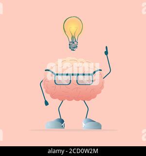 Cervello con la lampadina sopra la testa avendo idea, sfondo rosa, Illustrazione Illustrazione Vettoriale