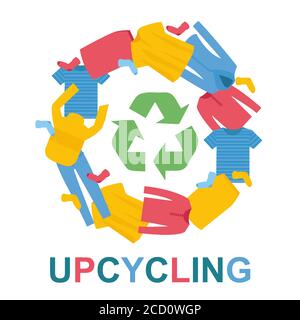 Vecchi vestiti e parola UPCYCLING, isolato su bianco. Illustrazione vettoriale di stile piatto Illustrazione Vettoriale