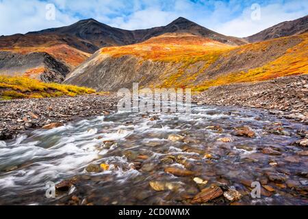 Kuyuktuvuk Creek e Brooks Mountains in colori autunnali. Cancelli del parco nazionale artico e riserva, Alaska artica in autunno Foto Stock