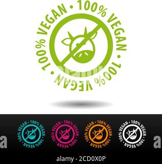 badge, logo, icona vegan al 100%. Immagine vettoriale piatta su sfondo bianco. Può essere utilizzato azienda commerciale. Illustrazione Vettoriale