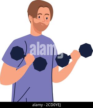 giovane uomo che fa esercizi con manubri, sport ricreazione esercizio Illustrazione Vettoriale
