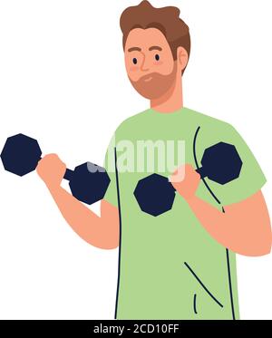 giovane uomo che fa esercizi con manubri, attività sportiva ricreazione Illustrazione Vettoriale