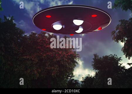 un oggetto volante non identificato atterra in una foresta (rendering 3d) Foto Stock