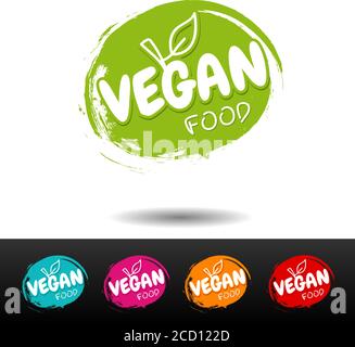 Set di badge per alimenti vegani. Etichette vettoriali disegnate a mano. Illustrazione Vettoriale