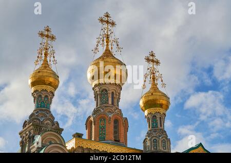 Darmstadt, Germania, marzo 01 2020: Dettaglio della Chiesa ortodossa russa a Mathildenhöhe, Darmstadt. Foto Stock