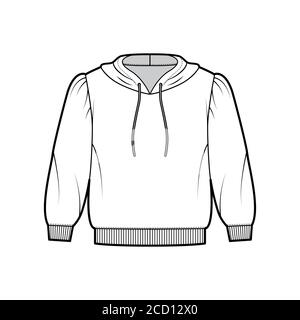 Felpa con cappuccio in Jersey di cotone con fit sciolto, spalle gonfie, maniche a gomito, rifiniture a coste. Mascherina per ponticelli piatta, colore bianco anteriore. Donna uomo maglia unisex Illustrazione Vettoriale