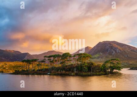 Una drammatica alba su Derryclare Lough; Connemara, County Galway, Irlanda Foto Stock