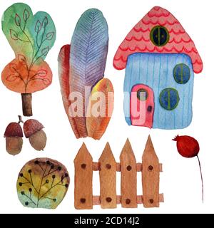 Set fantasy dipinto a mano acquerello: Alberi, case, piante in aotumn Foto Stock