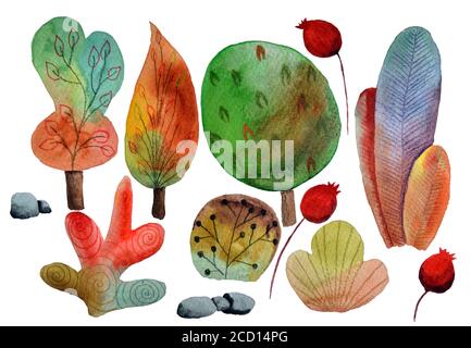 Alberi d'autunno, pittura acquerello con cespugli e altre piante Foto Stock
