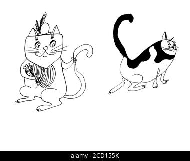 Disegno dell'inchiostro Cat semplice e minimo. Due gatti in stile grafico a fumetti Foto Stock