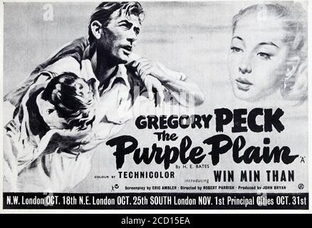 Pubblicità vintage per la pubblicazione del film di guerra/avventura 'The Purple Plain' nel 1954, con Gregory Peck. Foto Stock