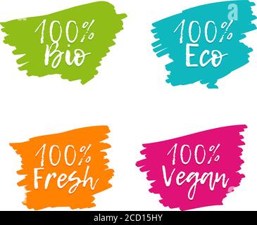 Set di colorati badge per il cibo. 100% Bio, Eco, Vegano, fresco. Etichette vettoriali disegnate a mano. Illustrazione Vettoriale