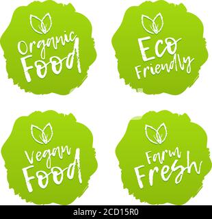 Set di badge per alimenti. Vegan, biologico, fresco, ecologico. Etichette vettoriali disegnate a mano. Illustrazione Vettoriale